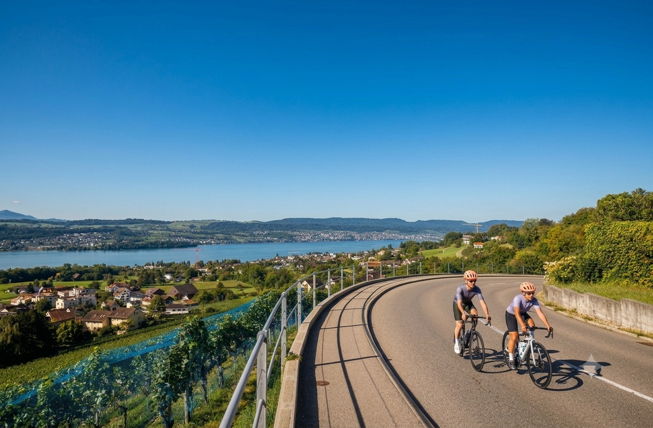 Two road cyclists on the Pfannenstiel ridge above Lake Zurich